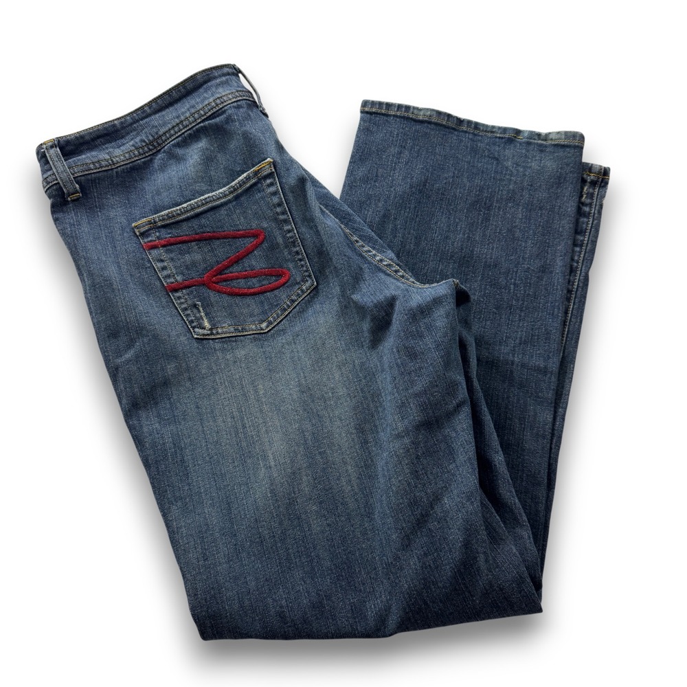 Seven7 Bootcut Jeans Medium Wash Red Embroidered Back Pockets Size 16 Distressed